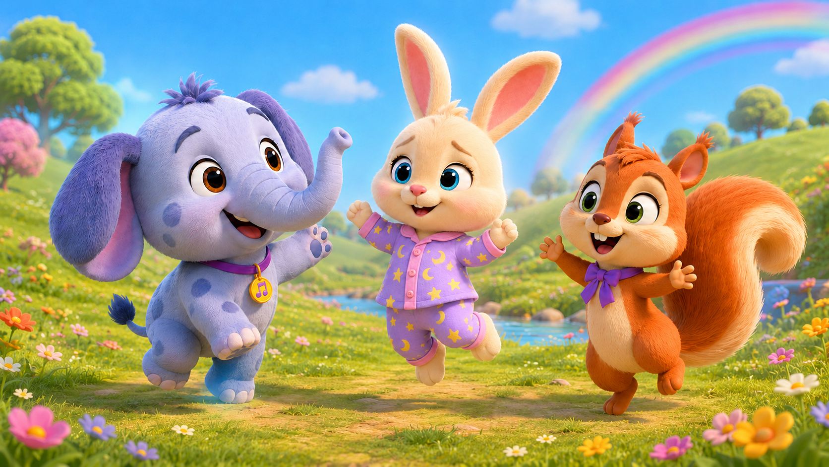 Rumpufuff, Bun Bun, and Sammy happily jumping together in a colorful meadow